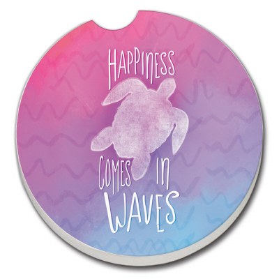 3" Round Happiness Comes In Waves Turtle Car Coaster