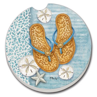 3" Round Tan Flip Flop On Blue Car Coaster