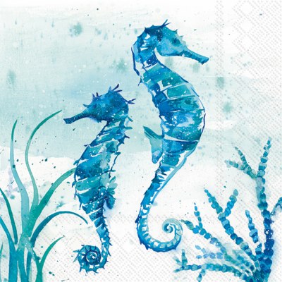 5" Square Blue and Green 2 Seahorses Beverage Napkin