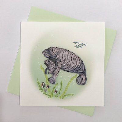 6" Square Quilling Manatee With Baby Card