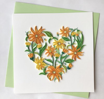 6" Square Quilling Orange and Yellow Heart Shaped Flowers Card