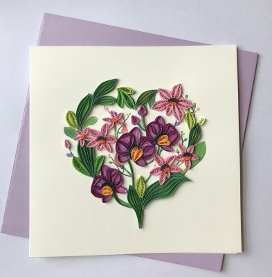 6" Square Quilling Pink and Purple Orchid Card
