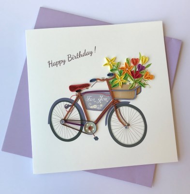 6" Square Quilling Bike With Flowers Birthday Card