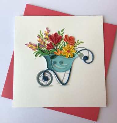 6" Square Quilling Wheelbarrow Full Of Flowers Card