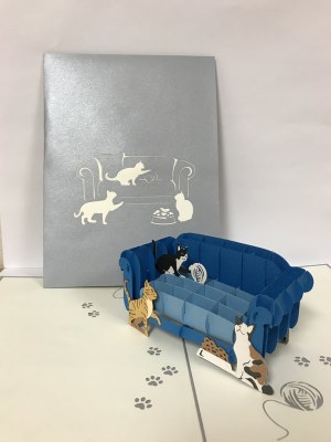 6" Square Pop Up Cats On Blue Couch Card