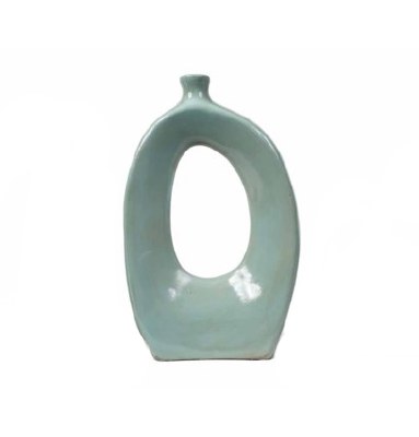 19" Light Blue Ceramic Vase With Hole In Center