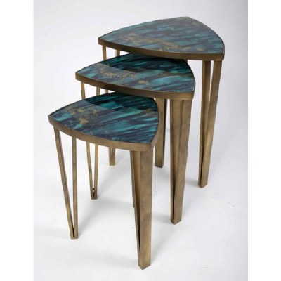 20" Distressed Brass With Blue Glass Set of 3 Nesting Tables