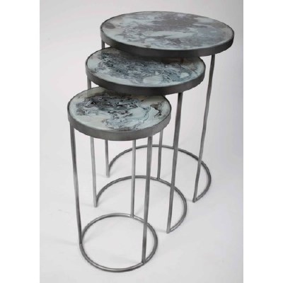 20" Distressed Silver With Gray Glass Set of 3 Nesting Tables
