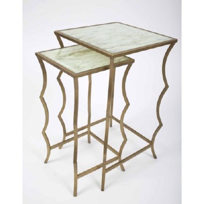 14" Distressed Gold Base With Lined Glass Set of 2 Nesting Tables