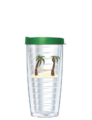 16 Oz Hammock Between Palms Tall Tumbler With Green Lid