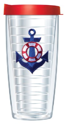 16 Oz Blue Anchor Tall Tumbler With Red Lid
