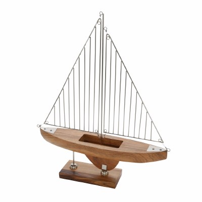 22" Silver Wire Brown Wooden Sailboat