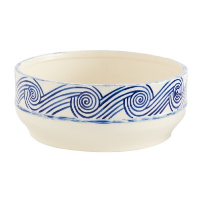 9" Round White and Blue Ceramic Wave Bowl