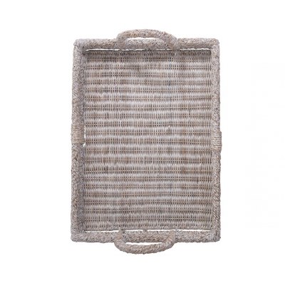 26" x 19" White Washed Rattan Tray