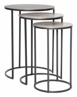 Set of 3, 17" Round Silver and Black Stacking Tables