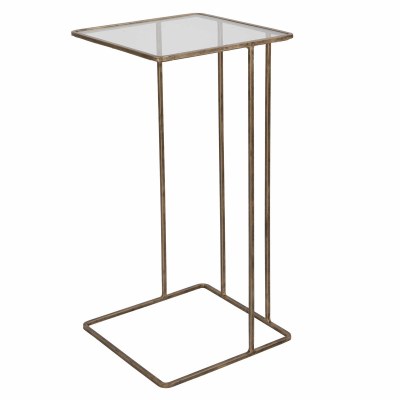 12" Square Distressed Gold Finish With Glass C Shaped Table