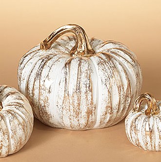9" Large White and Gold Polystone Pumpkin Fall and Thanksgiving Decoration