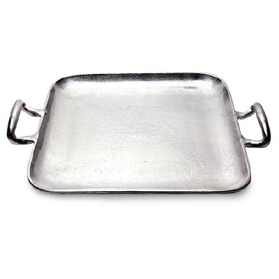 17" Square Silver Metal Textured Tray With Handles