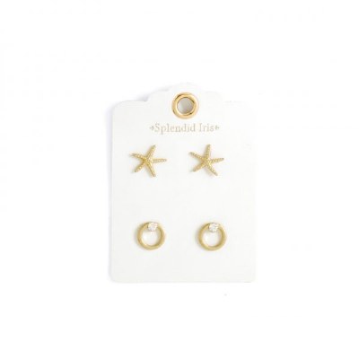 Set of 2 Gold Tone Starfish and Round Earrings