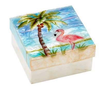 4" Square Flamingo and Palm Capiz Box