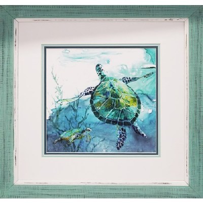 21" Square Blue and Green Turtle 2 Framed Print Under Glass