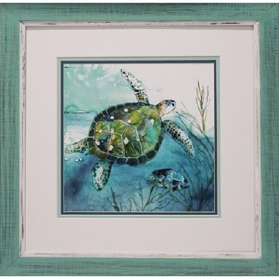 21" Square Blue and Green Turtle 1 Framed Print Under Glass