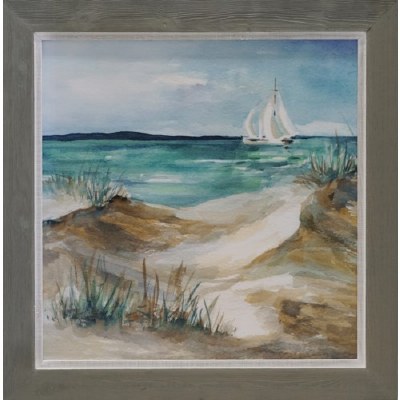 30" Square White Sailboat and Beach Framed Gel Print