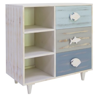 32" White Washed Blue and Gray 3 Fish Drawer Cabinet