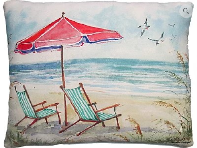 19" x 24" Beach Scene With Chairs and Umbrella Pillow