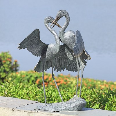 30" Verdigris Crane Pair With Wings Out Statue