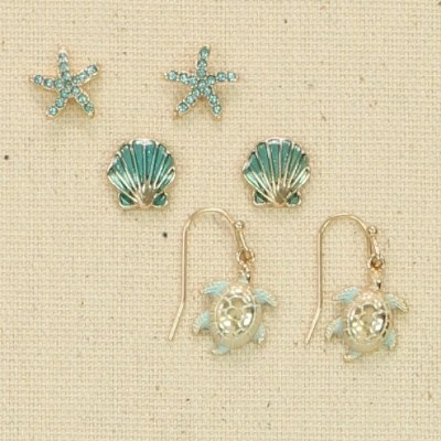 Set of 3 Gold Tone and Blue Sealife Earrings