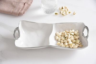 12" White With Silver Rim 2 Compartment Tray With Handles by Pampa Bay