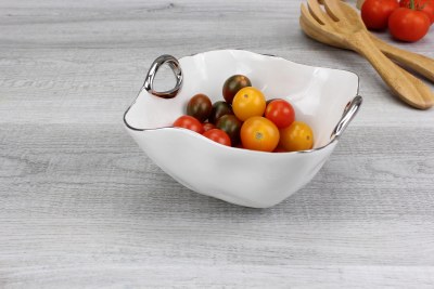 5" Small White With Silver Rim Square Porcelain Bowl with Handles by Pampa Bay