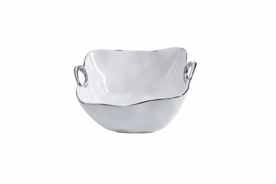 9" Medium White With Silver Rim Square Porcelain Bowl with Handles by Pampa Bay