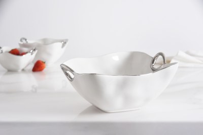 10" Large White With Silver Rim Square Porcelain Bowl with Handles by Pampa Bay