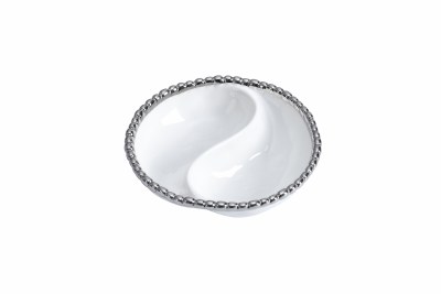 5.5" Round White With Silver Beaded Rim 2 Compartment Porcelain Dish by Pampa Bay