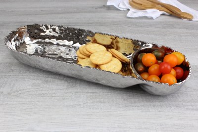 17" Silver Rigid Oval Narrow Chip and Dip Tray by Pampa Bay