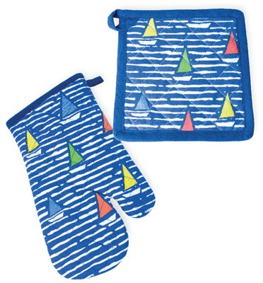 Set of Multicolored Boats On Blue Mitt and Potholder