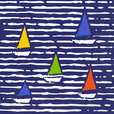 5" Square Multicolored Boats On Blue Beverage Napkin