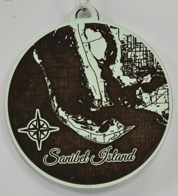 4" Round Sanibel Island Map Wood Ornament