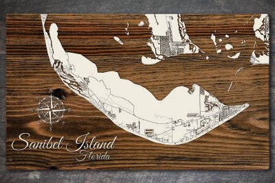 19" x 11" Sanibel Island Map On Wooden Plaque