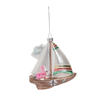 5" Sailboat With Flamingo Glass Ornament