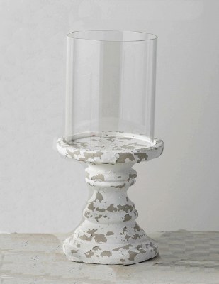 14.5" Distressed White Finish Pillar Candleholder With Glass Shade