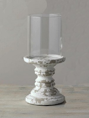 12" Distressed White Finish Pillar Candleholder With Glass Shade