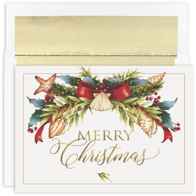 8" x 6" Box of 16 Merry Christmas Seashell Swag Cards