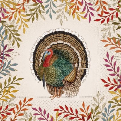 6.5" Square Foliage and Feathers Turkey Luncheon Napkins