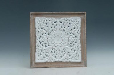 24" Square White Openwork Design With Wooden Frame Wall Plaque