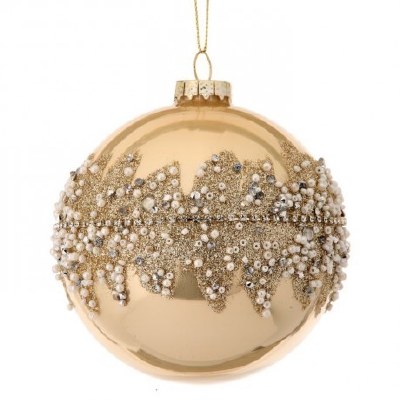 4" Champagne With Pearls Glass Ball Ornament