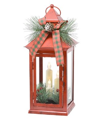 14" Red Lantern With Plaid Bow and LED Taper Candles