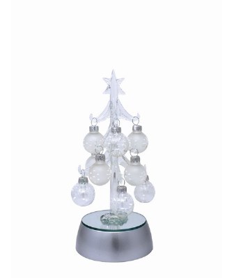 8" LED Clear Glass Light Up Tree With 12 Clear Ornaments